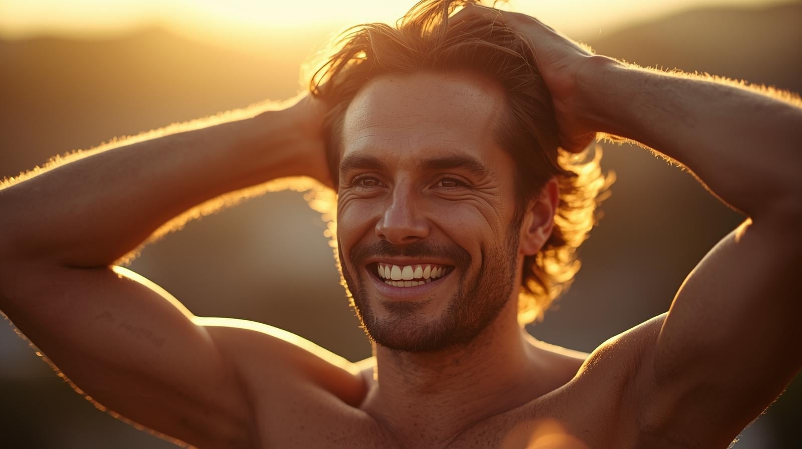Man smiling with hands on head feeling of his brown locks of hair.
