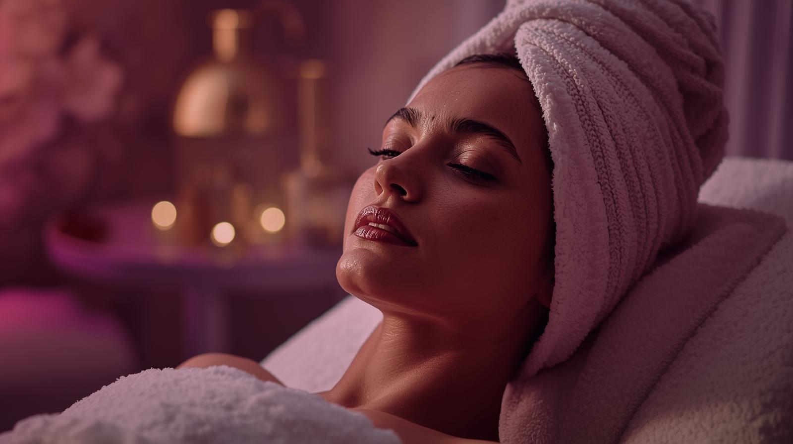 Woman reclined and relaxing at a Spa with hair wrapped in a towel.