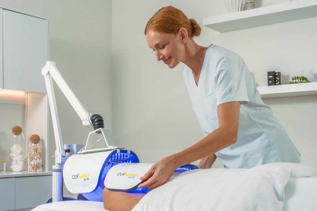 Conceptual image of blue/red LED light therapy commonly used to support mild-to-moderate acne care