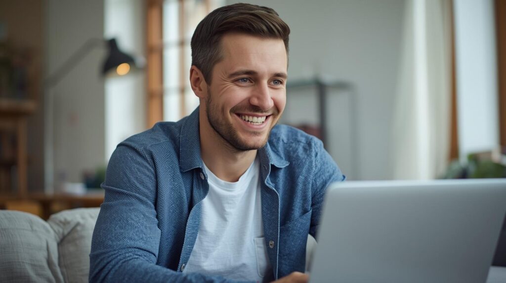 Smiling man making a health transformation with Vitality Telehealth on his computer.