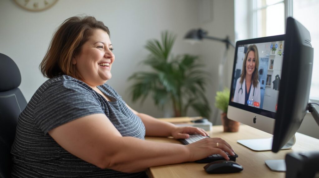 Happy woman at her desk discussing Weight Loss Goals with telehealth provider on the computer.