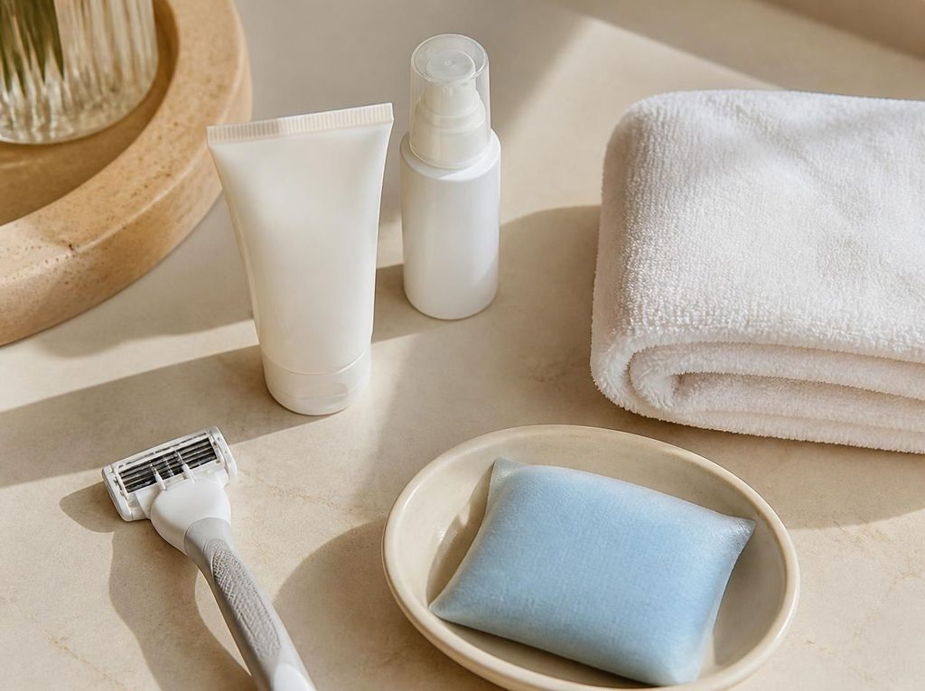 Preparation and skincare essentials representing Lori A. Smith's pre-treatment and post-care recommendations for Nd:Yag laser hair removal.