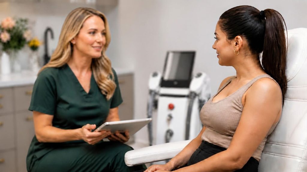 Expert provider consulting with a patient about personalized Sinclair V30 Nd laser hair removal at Vitality ReGen Aesthetics.