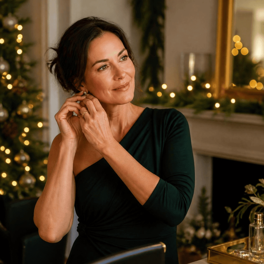Woman with naturally radiant skin preparing for a holiday event after planning aesthetic treatments in advance at an Arkadelphia aesthetic practice.